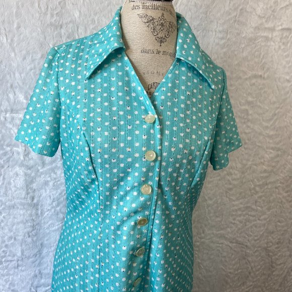 Vintage 60’s Retro Teal Polka Dot Print Abstract Belted Midi Dress Frock - Picture 11 of 14